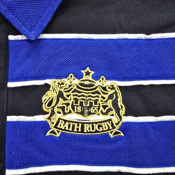 Bath Rugby Polo Shirt Mens Medium Black Blue‎ Short Sleeve Striped 1865 Crest - Picture 3 of 11